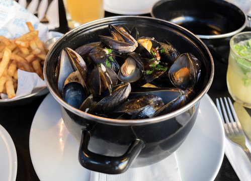 Belgian lunch: steamed mussels, french fries and beer
