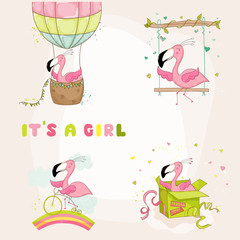 Baby Flamingo Set - Baby Shower or Arrival Card - in vector