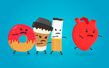 Angry donut, coffee paper cup and cigarette kill healthy heart. Nightmare health heart. Vector flat cartoon character isolated illustration