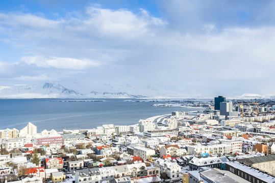 View of the  Reykjavik city from the top of Hallgrimskirkja church, Iceland.