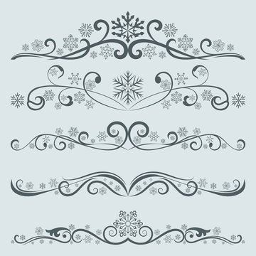 Abstract winter Christmas dividers with snowflakes vector set.