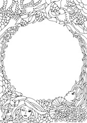 Floral decorative element with round space for text. Surreal female faces, leaves, waves, branches and flowers. Black and white vector illustration for coloring pages or other.
