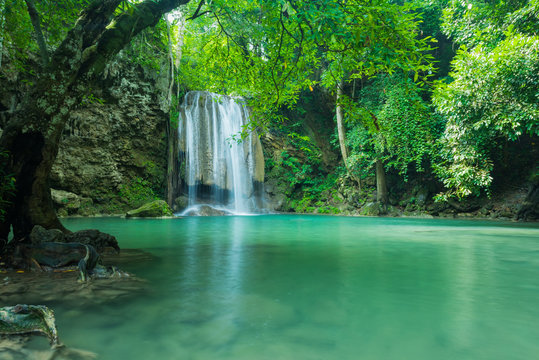 Green and clean waterfall , Erawan waterfall, Located Kanchanaburi Province , Thailand © peangdao