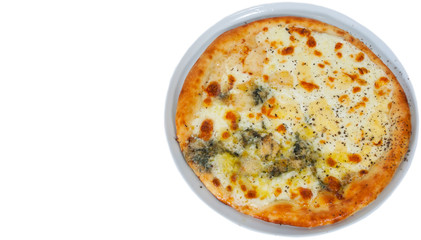 pizza "four cheese" isolated on white. top view
