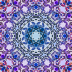 Bright seamless blur, soft, colorful ethnic pattern. Collage with hand made watercolor blots, hearts and petals, leaves, red flowers. Batik background, backdrop. Boho style, watercolor stylization