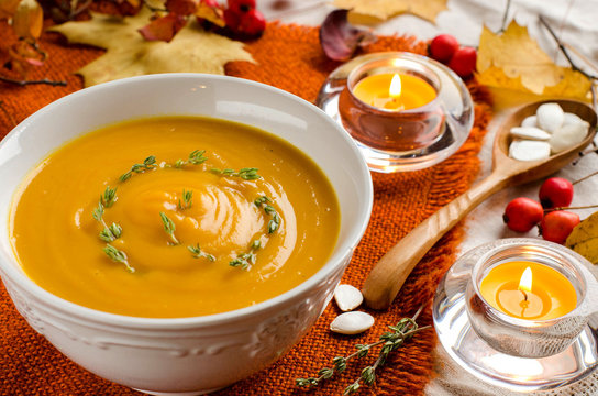 Pumpkin soup. Autumn still-life.