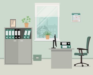 Workplace of office worker in grey color. There are such objects on a window background: a table, case for documents, a chair, computer. Vector flat illustration