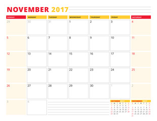 Calendar Planner Template for 2017 Year. November. Stationery Design. Week starts Sunday. 3 Months on Page. Vector Illustration