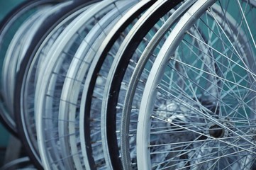 Bicycle wheels at the bike repair shop