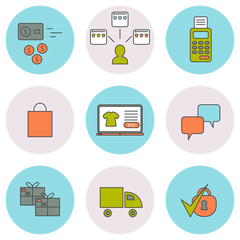 E-commerce line icons set. Online shopping web elements. Round icons.