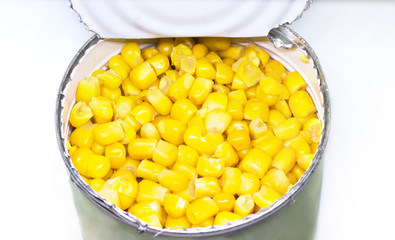 Canned sweet corn in a tin can