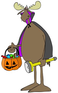 Illustration of a bull moose wearing a vampire costume and carrying a flashlight and a jack-o-lantern full of candy.