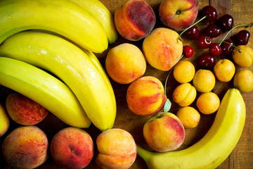 Ripe fruit variation on a wooden table