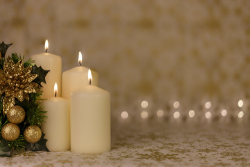 Fototapeta na wymiar Christmas tree, candles and lights decoration.