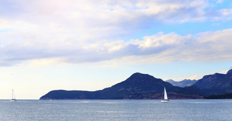 White sailing boats in bay