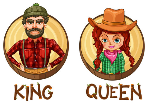 King and queen characters on round badges