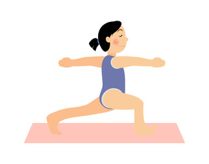 Girl doing yoga. Asana baby yoga. Kids yoga vector. Сolored mats for yoga. Yoga for women