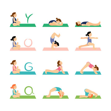 Yoga kids and gymnastics set. Happy children and healthy lifestyle vector illustration.