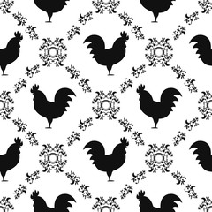 Black and white rooster seamless pattern. Symbol of 2017 year. Chinese New Year of the Rooster. Oriental happy new year illustration.
