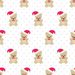 Xmas Teddy Bear with Santa hat seamless pattern on white polka dots background. Cute vector with baby bear. Design for print on baby's clothes, textile, wallpaper, fabric. - 124473137
