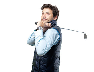 man playing golf on white