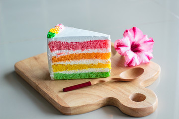 Delicious rainbow cake on wood plate.