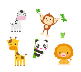 Obraz na płótnie Canvas Collection of cute animals. Elephant,lion, zebra,giraffe, panda, monkey. Vector illustration.