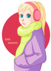 Cold autumn. Fall, leaf fall. Blond girl in pink headphones.