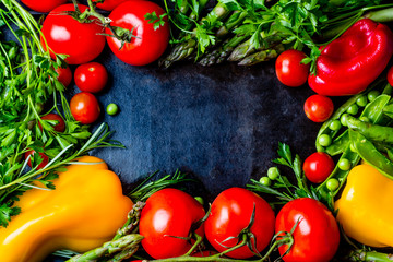 Food background with fresh organic vegetables. top view. frame