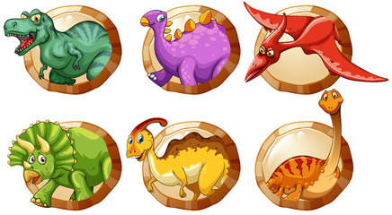 Different types of dinosaurs on round buttons © GraphicsRF
