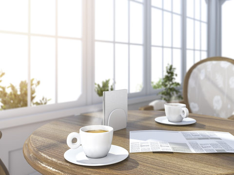 3d rendering depth of field coffee set with newspaper in bright white room with sun glare near the garden