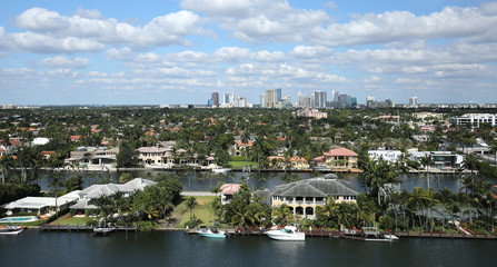 Aerial skyline view of Fort Lauderdale's Intracoastal waterway canals and residential homes.