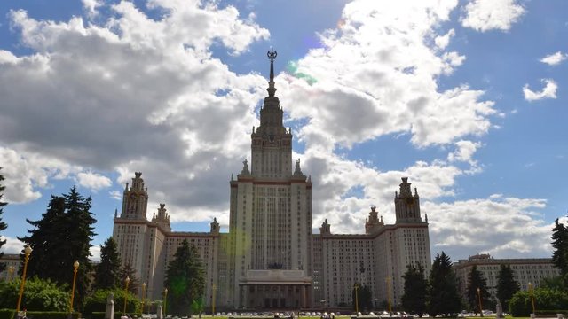 Timelapse MSU Moscow State University moving clouds. Stalin skyscraper. Epic professional hyperlapse 4K footage. Beautiful sunny day.