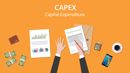 capex capital expenditure illustration with business man working on paper document graph   money and signing a  - obrazy, fototapety, plakaty