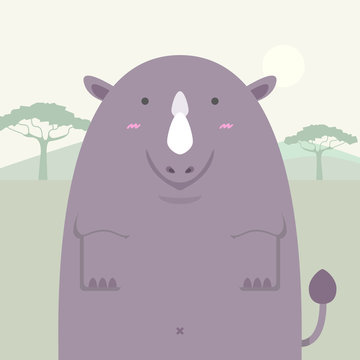 cute fat big rhino on light africa field background