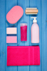 Accessories and cosmetics for personal hygiene in bathroom, concept of body care