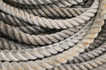 tackle ropes. heavy duty rope, Close-up Cluster of Rope Strands, coiled marine or nautical rope.