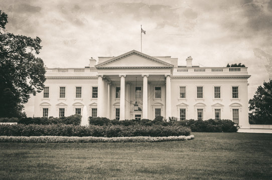 The White House in Washington D.C. at a cloudy day, Executive Office of the President of the United States, old image style