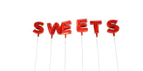 SWEETS - word made from red foil balloons - 3D rendered.  Can be used for an online banner ad or a print postcard.