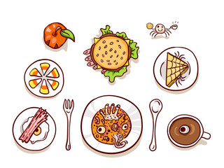 Halloween lunch clip-art, isolated on white. Assortment of dips with scary food, top view. Hand drawn sketchy icons, design element for halloween party invitation or web banner