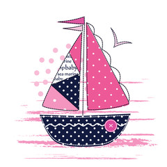 Obraz premium Vector illustration with cute sailing ship for kids design