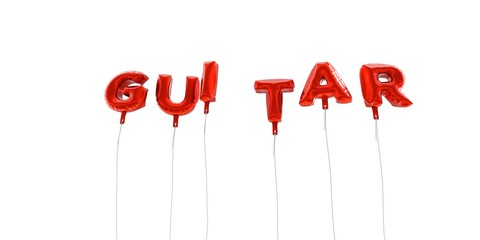 GUITAR - word made from red foil balloons - 3D rendered.  Can be used for an online banner ad or a print postcard.