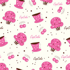 Seamless pattern with doodle cupcakes, cups and cherries