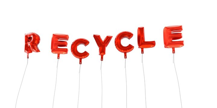 RECYCLE - word made from red foil balloons - 3D rendered.  Can be used for an online banner ad or a print postcard.