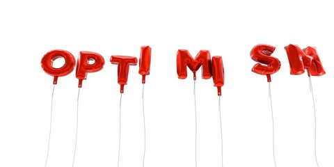 OPTIMISM - word made from red foil balloons - 3D rendered.  Can be used for an online banner ad or a print postcard.