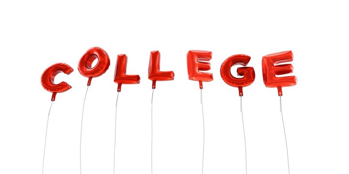 COLLEGE - word made from red foil balloons - 3D rendered.  Can be used for an online banner ad or a print postcard.