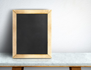 Blank blackboard on white marble table at white tile wall,Templa