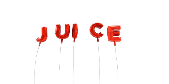 JUICE - word made from red foil balloons - 3D rendered.  Can be used for an online banner ad or a print postcard.