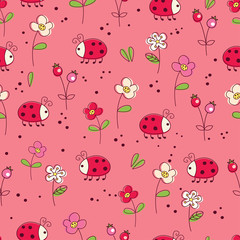 Seamless pattern with bugs and flowers
