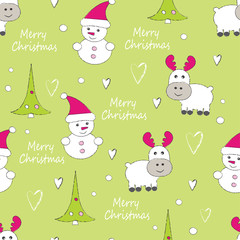 New Year and Christmas seamless pattern with reindeer and snowmen